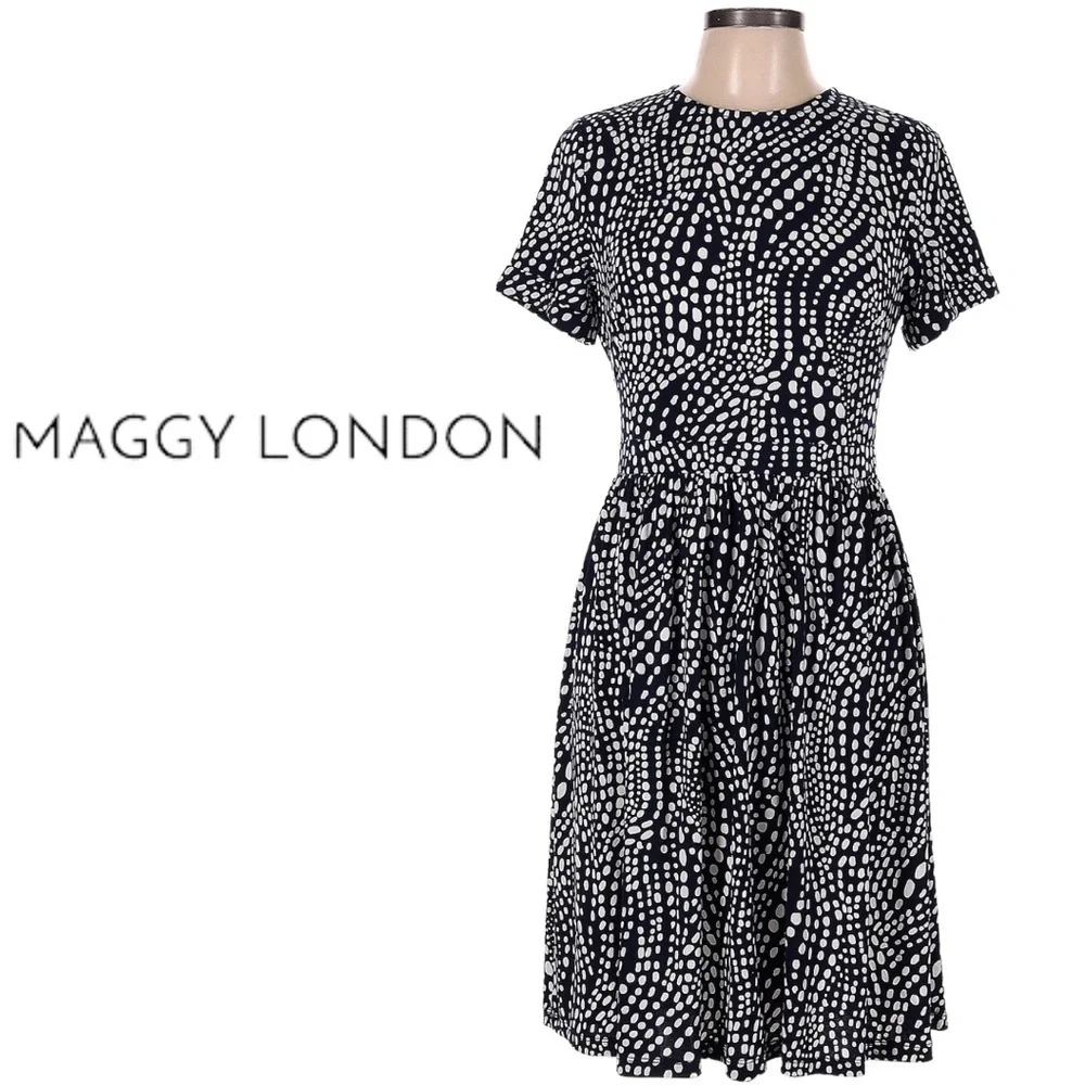 Maggy London Navy white Polka Dot Wrap Dress 8 Fit & Flare Twirl - Picture 1 of 11